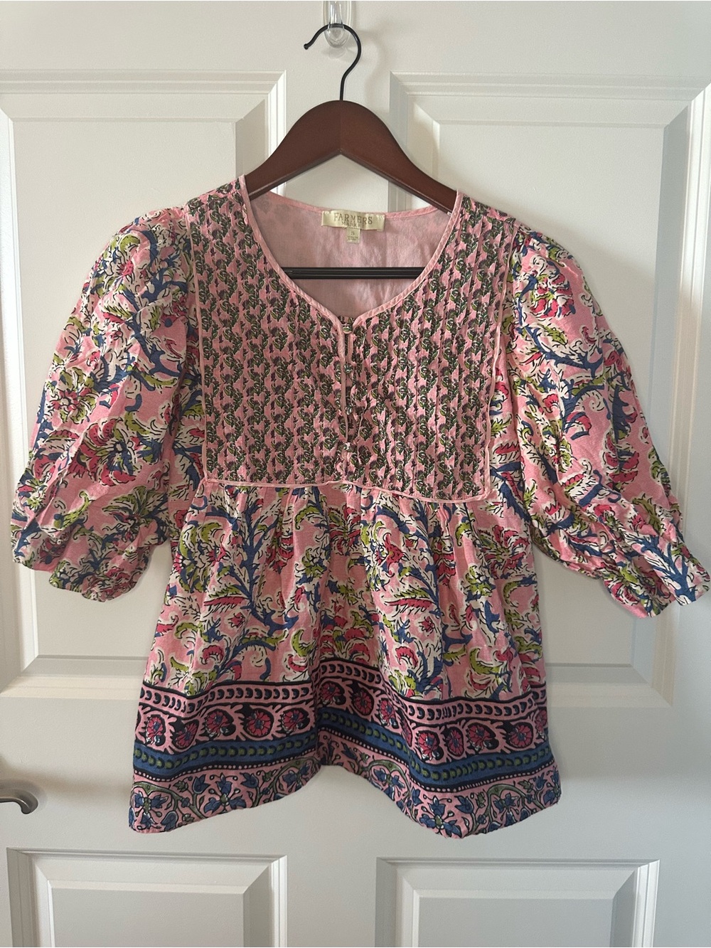 Farmers Market Pink Floral Peasant Blouse Boho Milkmaid Cottagecore Women's